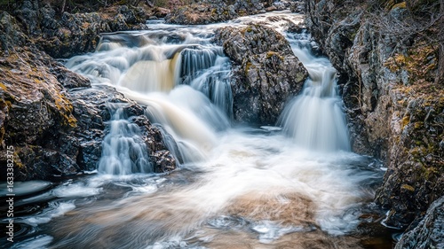 Close-up of waterfall rushing over black rocks