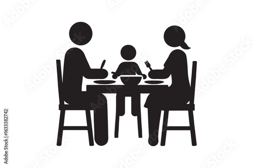 Family dinner table silhouette vector art illustration on white background