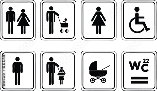 Collection of public restroom and facility symbols signs including gender inclusivity and accessibility pictogram designs for universal access needs