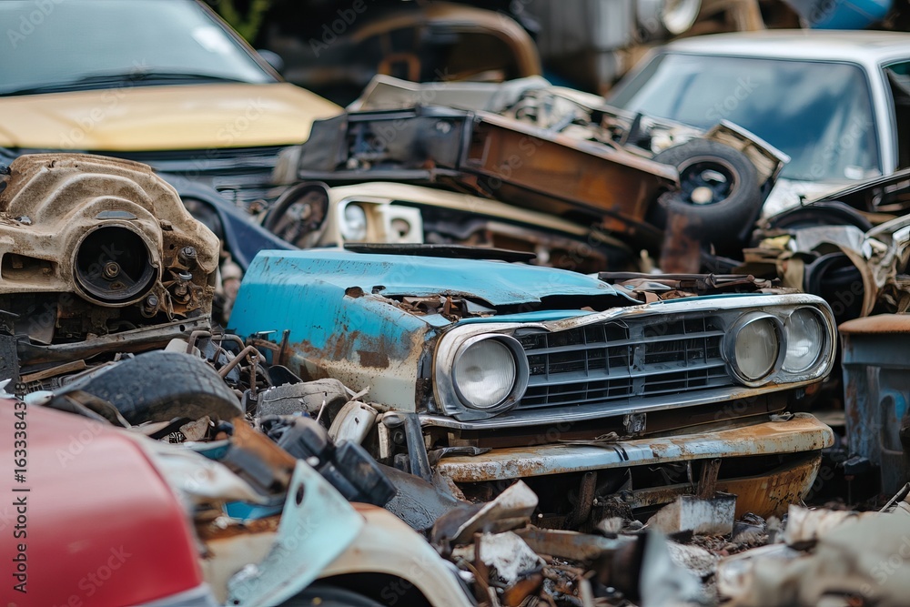 Fototapeta premium Rusty, discarded cars in a junkyard