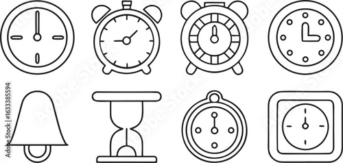 Isolated black clock and timer icons, analog and digital time, alarm, stopwatch, countdown symbol, editable vector for schedule apps, productivity tools and time tracking visuals