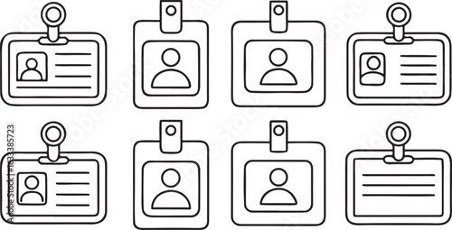 Isolated black ID card holder icons, employee badge, name tag, security access, visitor pass, editable vector for office identification, workplace security and event credentials