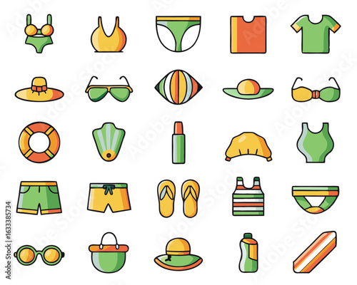 Collection of summer beachwear and accessory silhouettes featuring clothing and gear for seaside activities isolated on transparent background