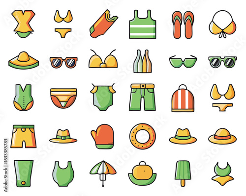 Collection of beachwear and summer accessories presented as clean silhouette icons isolated on transparent background
