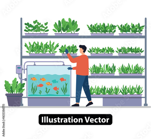 Man caring for plants in an indoor aquaponics system, a sustainable urban farming concept