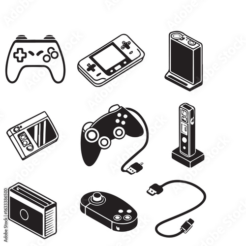 Collection of retro and modern video game consoles and controllers depicted in a clean isometric illustration style