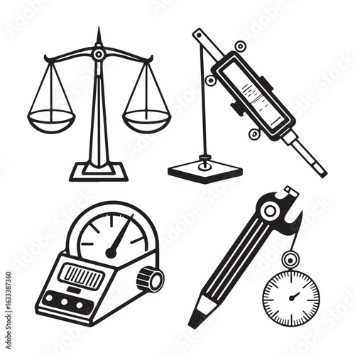 Collection of scientific measuring instruments including a balance scale caliper digital scale and wrench with a clock