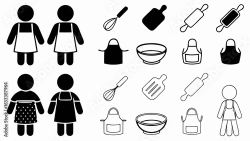Illustration of stick figures wearing aprons with kitchen utensils and bowls in black and white style silhouette