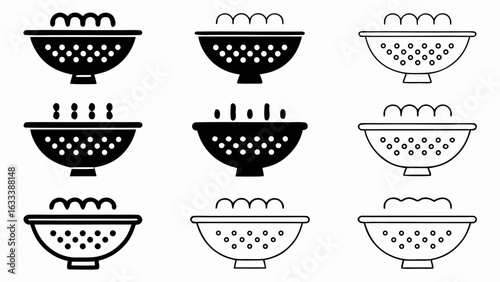 Illustration of nine colanders with various contents and styles in a grid arrangement against white space silhouette