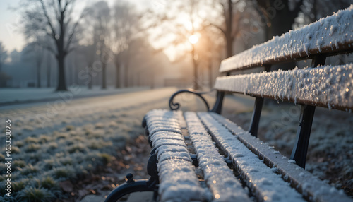 Soft Morning Frost on a Metal Park Bench