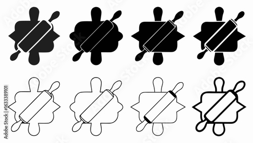 Illustration showing a collection of rolling pins placed diagonally on dough shapes in black and white style silhouette