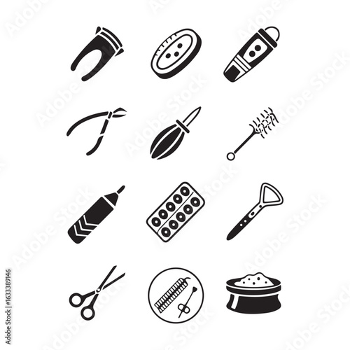 Collection of various medical and craft tools and supplies depicted in a simple black and white doodle art style