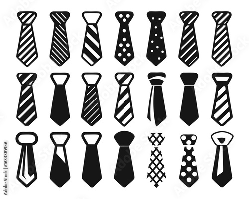 Collection of business neckwear icons featuring ties in various styles and colors isolated on transparent background