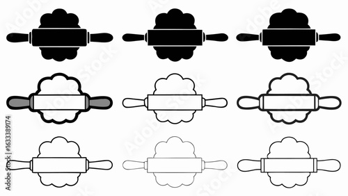 Illustration of nine rolling pins with dough in a three by three grid pattern on a white background silhouette