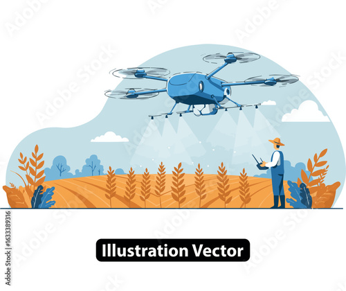 Farmer operating a sprayer drone over a wheat field, representing smart farming innovation.