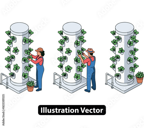 Isometric vector illustration of farmers tending to plants in a vertical farming system.