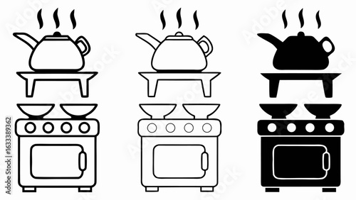 Three illustrations of kettles on stoves with steam rising in black and white line art style design silhouette