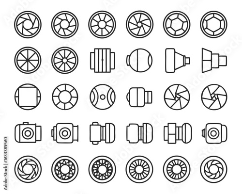 Collection of camera shutter and lens diaphragm icons featuring aperture blades and mechanical elements isolated on transparent background
