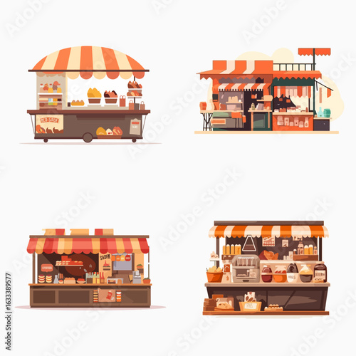 Four different food stalls are depicted, featuring various products and layouts. The design style is bright and visually appealing.