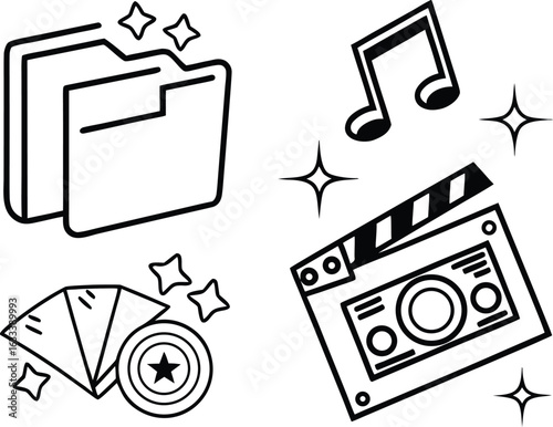 Creative Entertainment Icons Clipart Illustration with Folders Music Note Film Slate and Fan Elements Sparking Joy and Creativity for Digital Designs