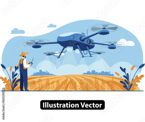 Farmer operating an agricultural drone for smart farming in a rural wheat field illustration.