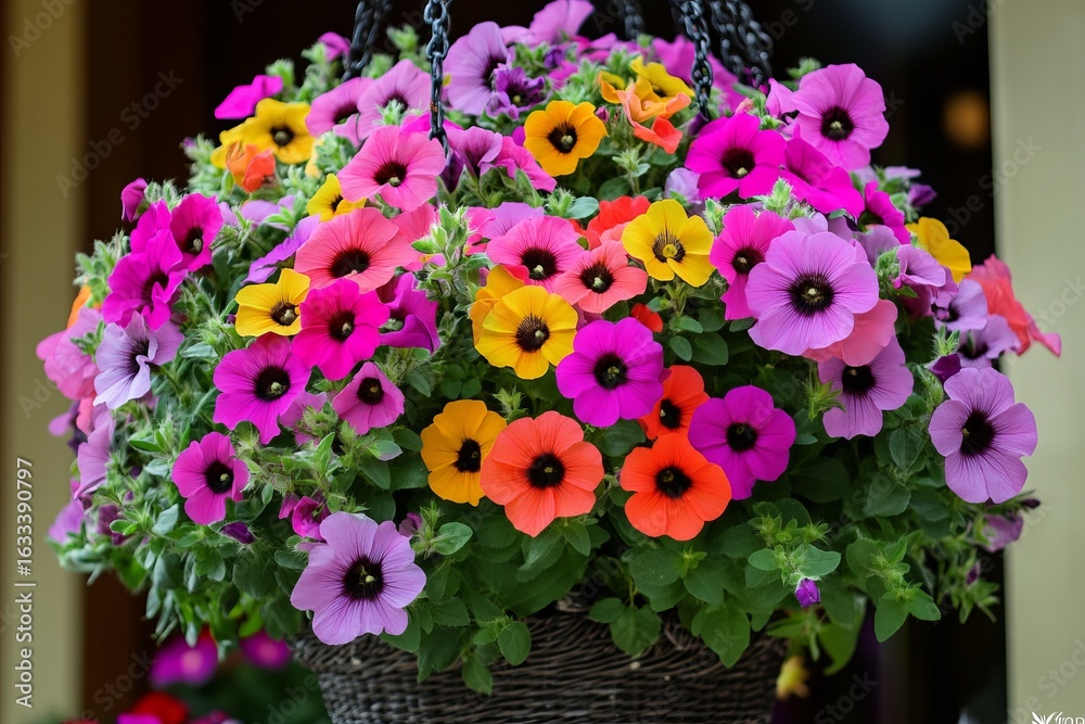 Fototapeta premium Vibrant colorful flowers in a hanging basket