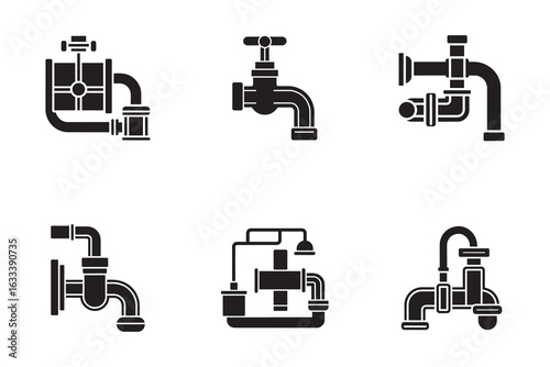 Black and White Water Pipe and Faucet Icons Plumbing System Installations