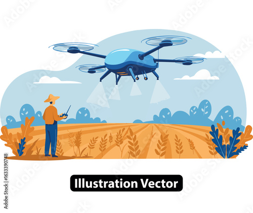 Modern farmer using agricultural drone technology for crop management and analysis.