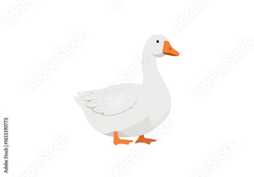 A charming white goose with an orange beak and webbed feet.