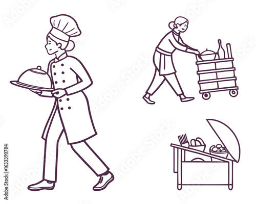 Comprehensive catering icon set featuring food service and event elements for modern design applications isolated on transparent background