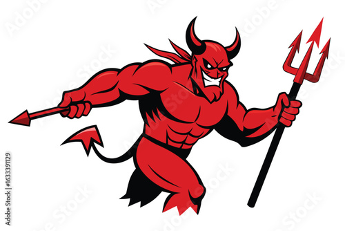 Muscular Red Devil Cartoon Mascot with Trident and Spear Isolated on White