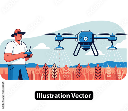 Modern farming concept with a farmer operating a drone for crop spraying over a wheat field