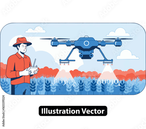 Agricultural technology and innovation with a farmer operating a crop spraying drone in a field.