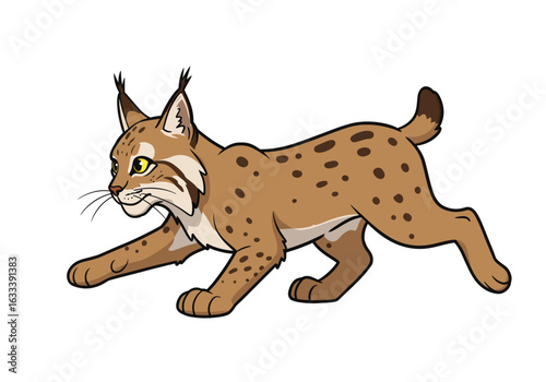 Cartoon lynx with spotted fur and tufted ears in a stalking pose.