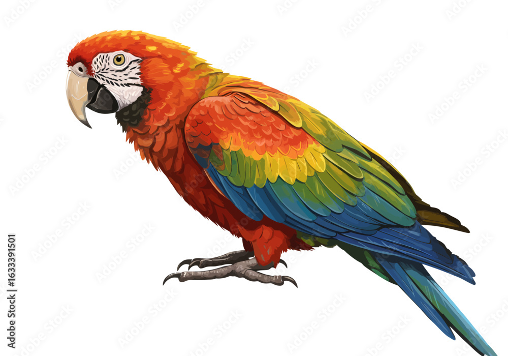 Obraz premium Colorful macaw parrot with vibrant red, yellow, and blue plumage, standing in a detailed illustrative style.