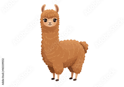 Cute brown cartoon llama with fluffy woolly fur and big eyes standing and smiling gently.
