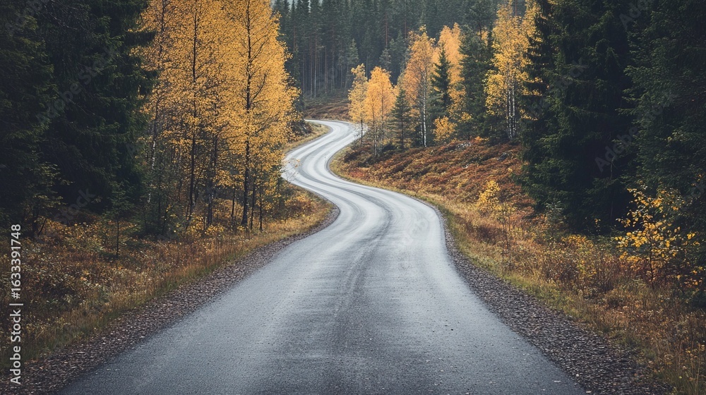 Fototapeta premium Winding road through autumn forest