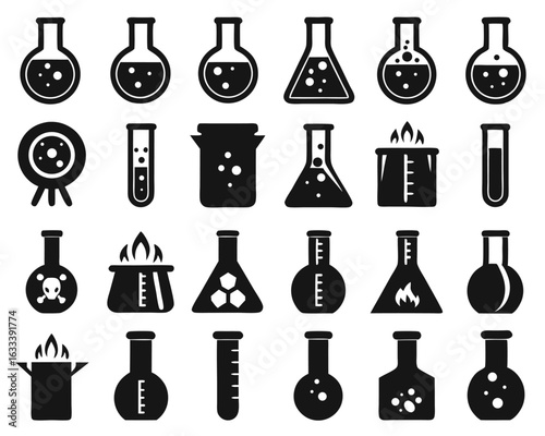 A collection of science laboratory glassware icons featuring a detailed chemical flask isolated on transparent background