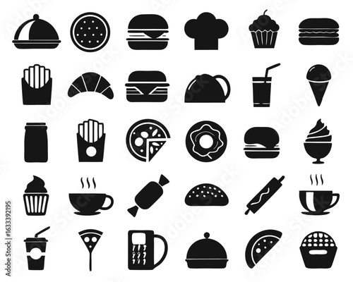 A diverse assortment of culinary and beverage symbols representing various food and drink items isolated on transparent background