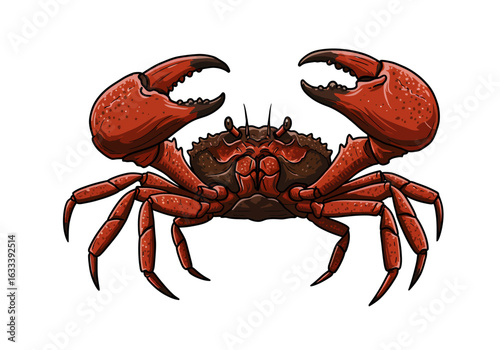 Detailed Illustration of a Red Crab with Raised Claws and Multiple Legs