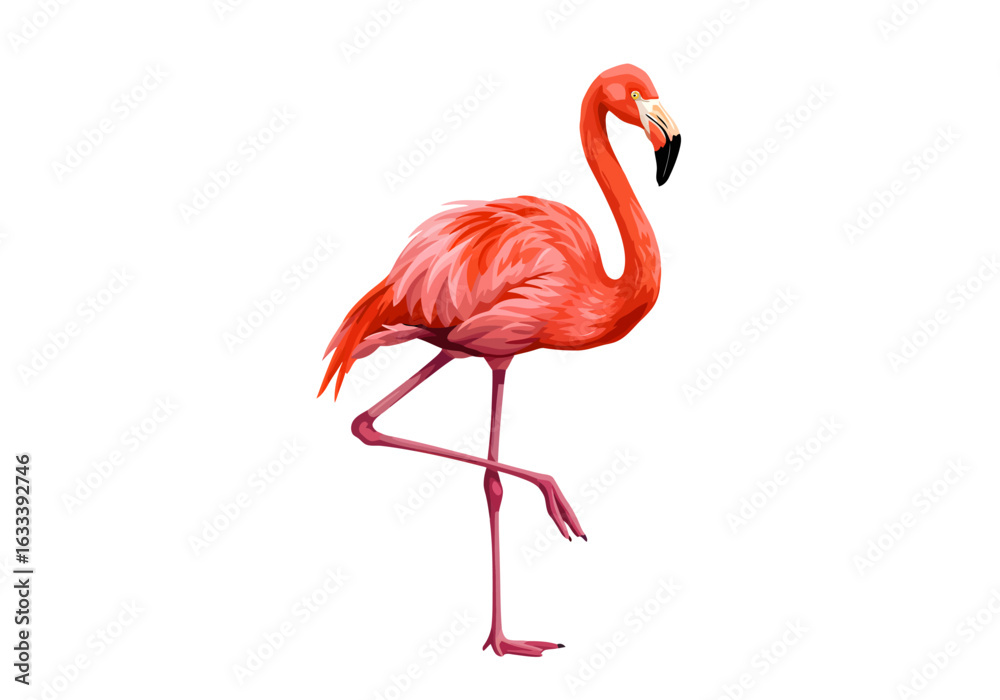 Obraz premium Elegant pink flamingo illustration standing gracefully on one leg. Stylized bird with vibrant coral feathers and a curved neck.