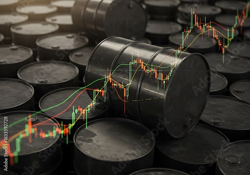 原油価格チャートと石油ドラム群