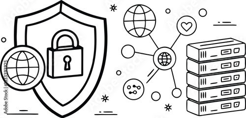 Digital Security and Global Network Protection Outline Illustration for Web and Print Cybersecurity Concepts
