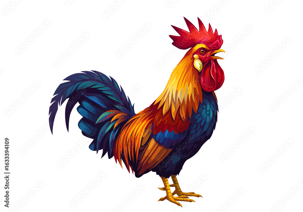 Fototapeta premium Majestic crowing rooster with a vibrant red comb and colorful plumage in a stylized illustration.