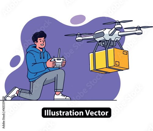Young man operating a quadcopter drone for a modern package delivery service vector