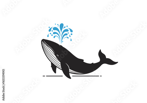 Minimalist black whale icon with ventral pleats, spouting a decorative blue water fountain.
