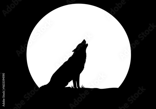 Silhouette of a wolf howling at a large white moon