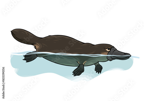 Stylized illustration of a brown platypus with a duck-bill and webbed feet swimming in water.