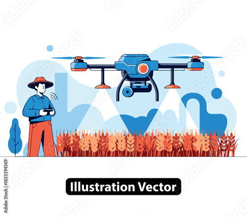 Agricultural drone technology illustration of a farmer managing a wheat field with a quadcopter.