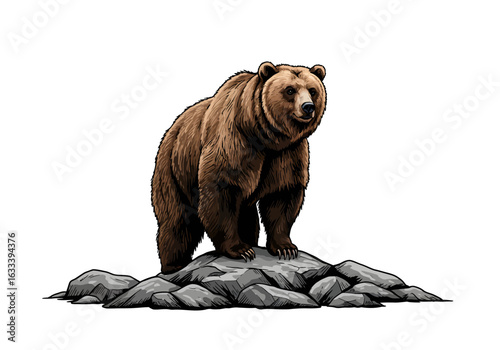 Stylized illustration of a large brown bear with detailed fur, standing on a pile of grey rocks.